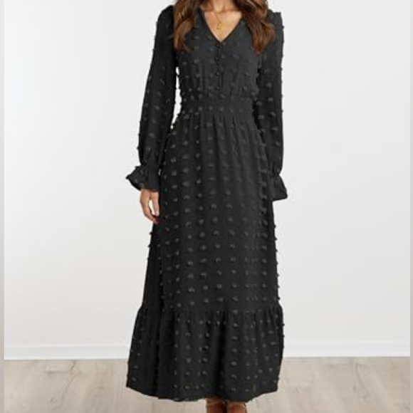 Black Long Sleeve V Neck Swiss Dot Smocked Maxi Dress Size XL - Picture 11 of 12